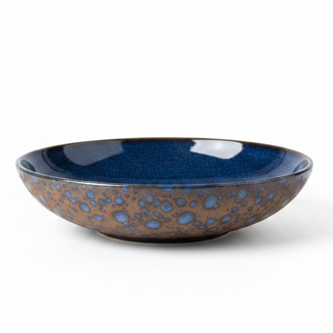 Navy Blue & Brown Round Reactive Glaze Ceramic Serving Bowl — 22cm