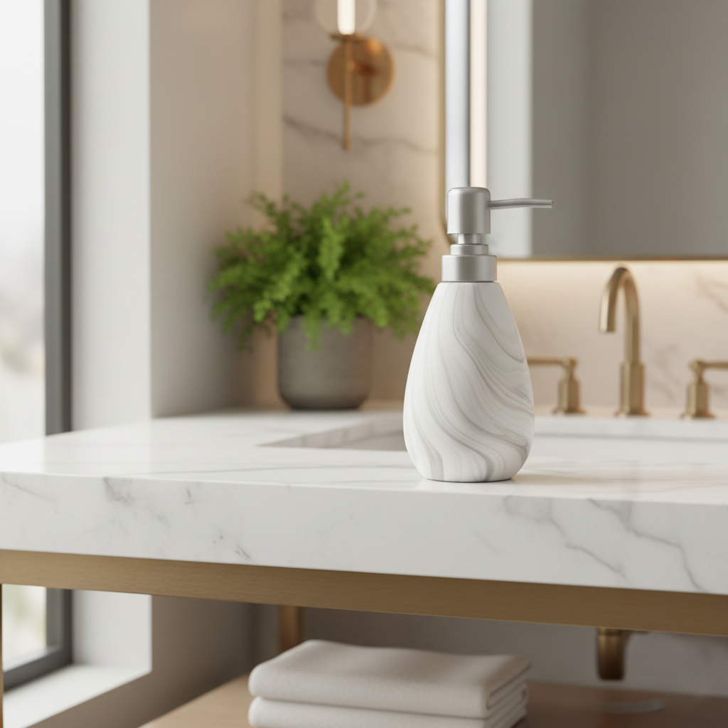 White & Grey Marble Swirl Ceramic & Plastic Liquid Soap Dispenser – 400ml