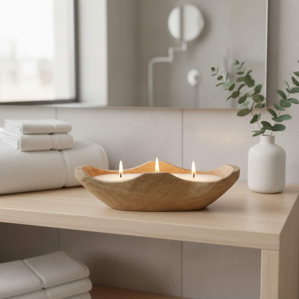 Wooden Boat Candle Bowl | Triple Wick White Wax Candle in Natural Dough Bowl | Luxury Home Decor Centerpiece | 27×12cm