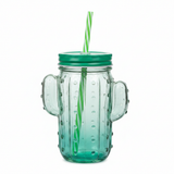 Cactus Glass Jar with Straw - 400ml - Red / Green