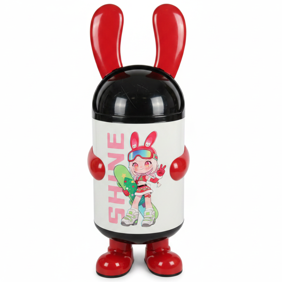 Italo SHINE Cartoon Character Plastic Trash Can 70cm – White & Red | Kids Character Waste Bin with Black Dome Lid