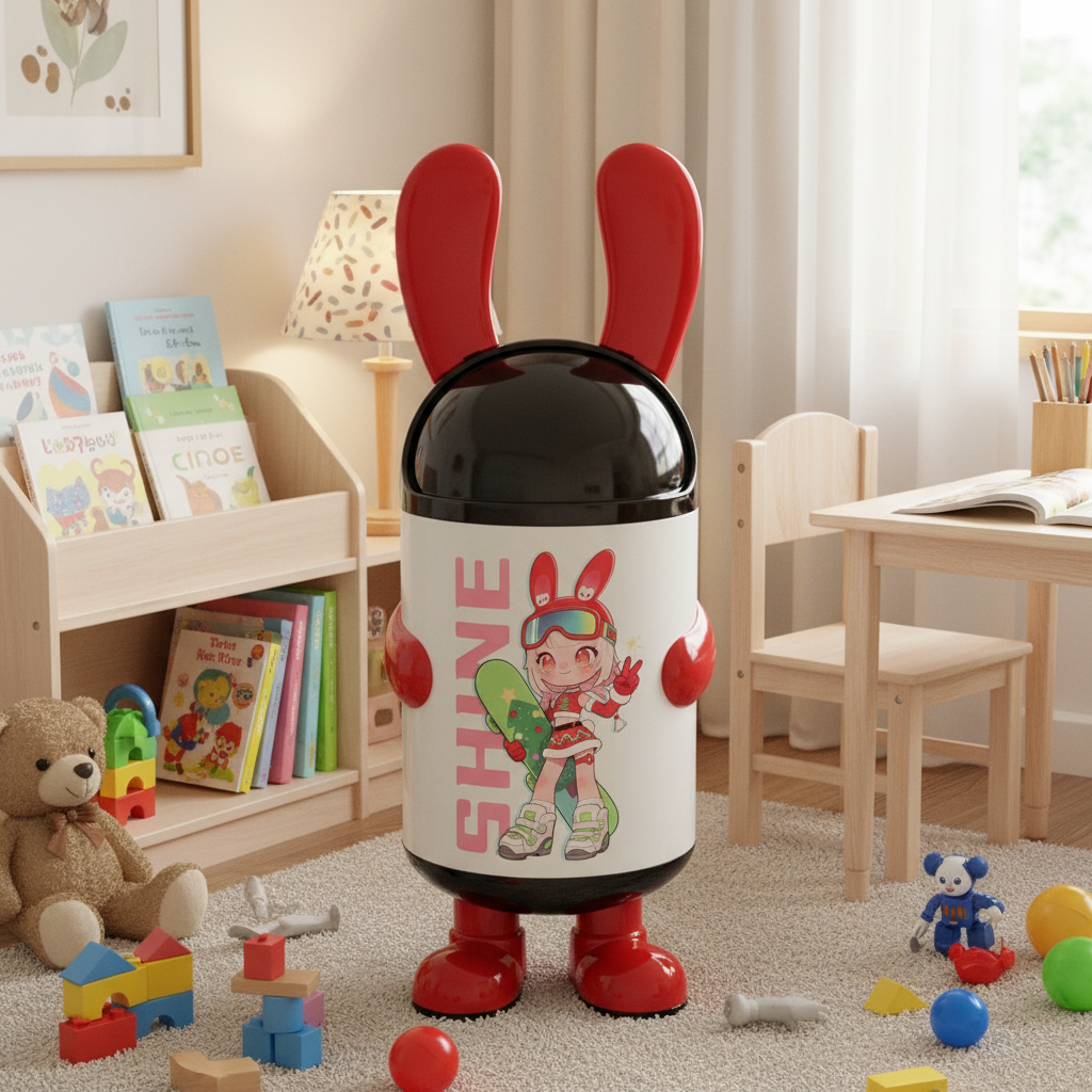Italo SHINE Cartoon Character Plastic Trash Can 70cm – White & Red | Kids Character Waste Bin with Black Dome Lid