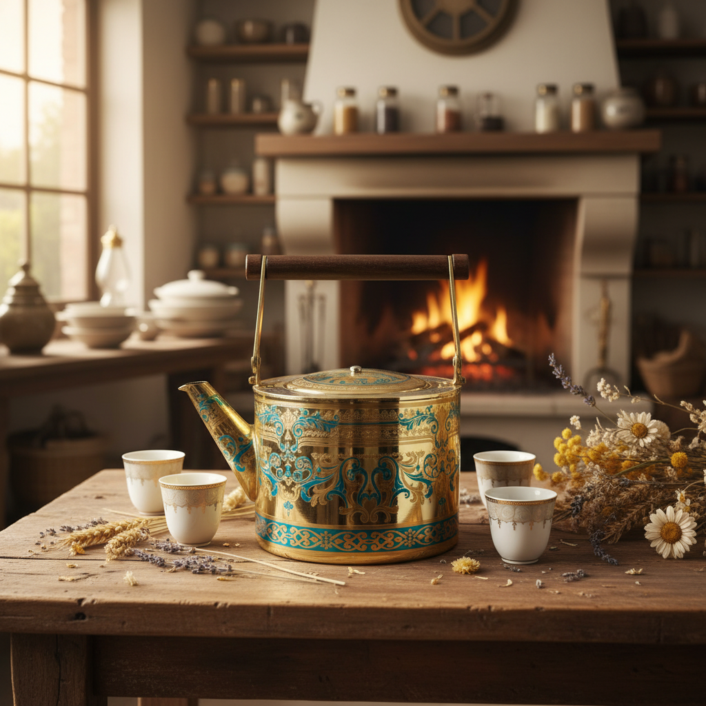 Handcrafted Gold & Blue Engraved Metal Tea Kettle with Wooden Handle | 1.5 Litre |