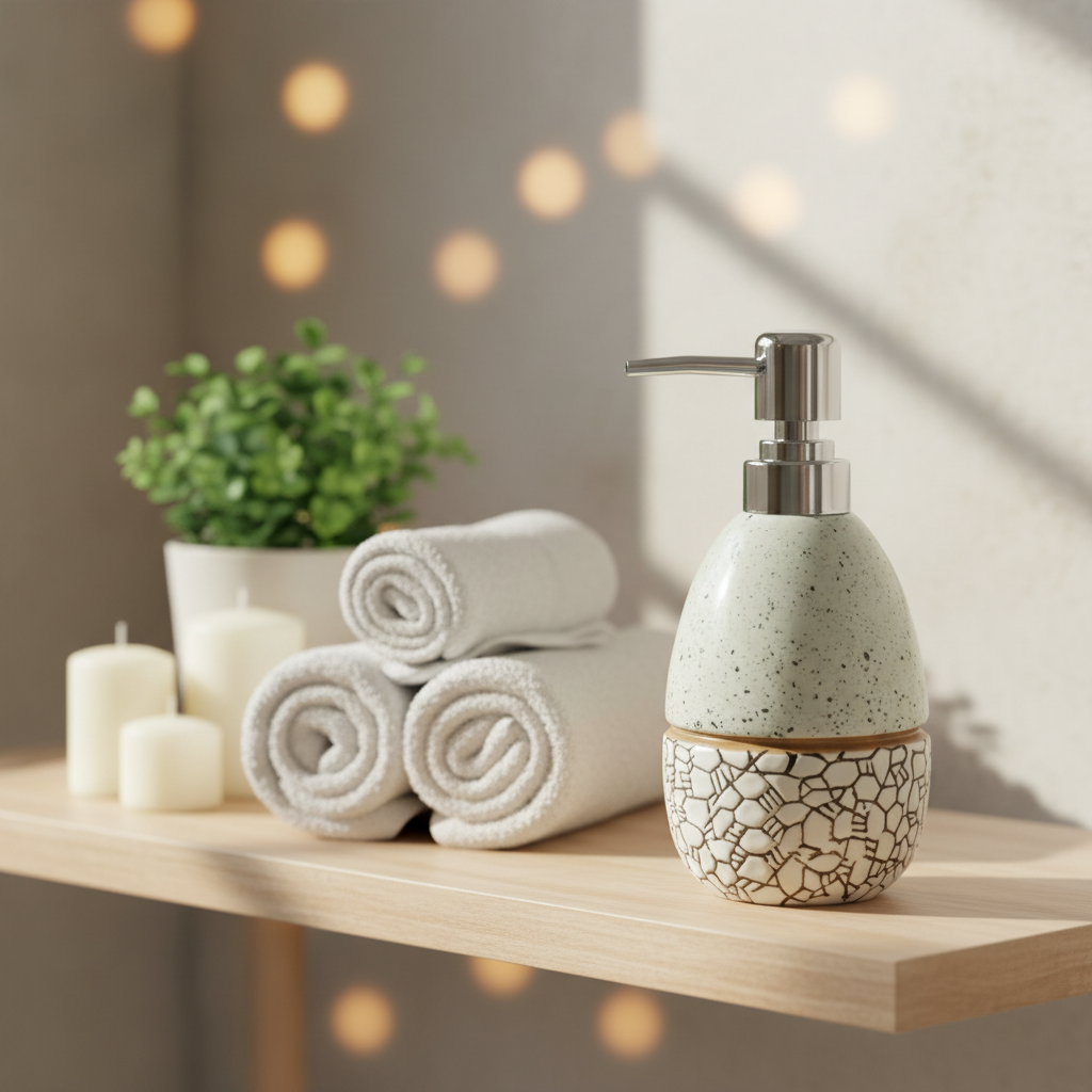 White Speckled Ceramic & Plastic Liquid Soap Dispenser – 400ml