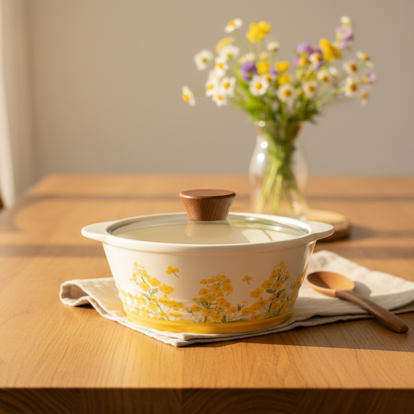 Decetime White Porcelain Soup Pot with Yellow Flower Design & Glass Lid | 850ml