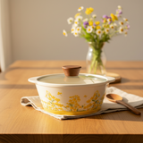 Decetime White Porcelain Soup Pot with Yellow Flower Design & Glass Lid | 850ml