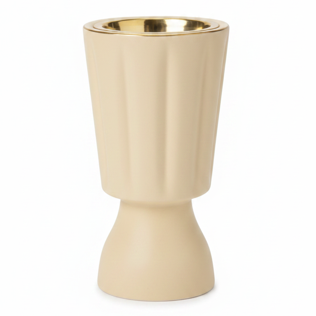 Hamid Ceramic Incense Burner | Ribbed Hourglass Design with Gold Insert | 17cm | Off-White & Beige