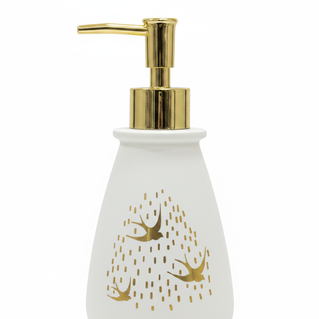 White & Gold Ceramic & Plastic Liquid Soap Dispenser – 400ml