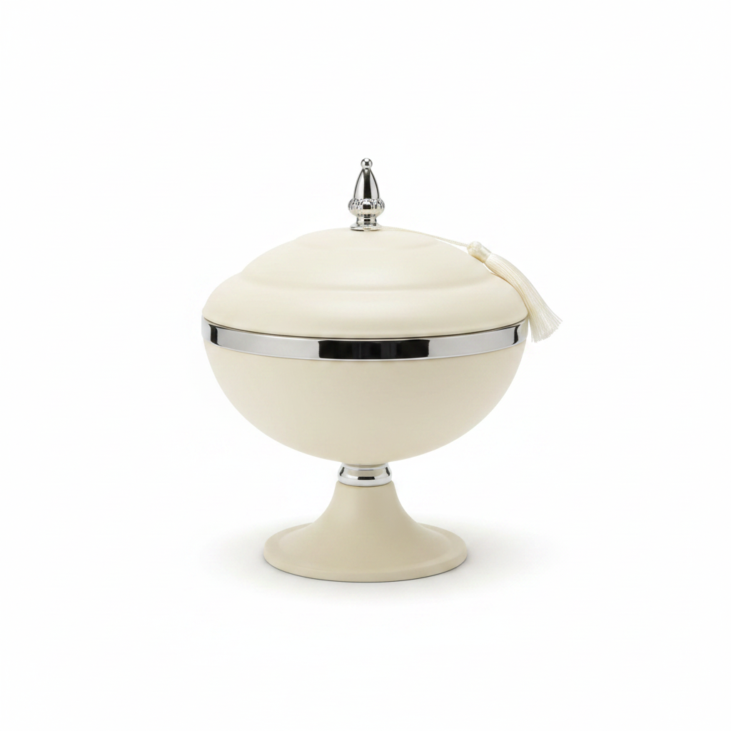 Cream & Silver Metal Footed Candy Bowl with Lid - 20×20 cm