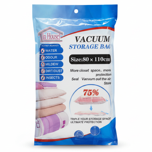 In House Vacuum Storage Bag – 80× 110 cm | Space - Saving Compression Bag for Bedding & Clothes - Al Kabayel Discount CentreIn House Vacuum Storage Bag – 80× 110 cm | Space - Saving Compression Bag for Bedding & ClothesOrganizers & AccessoriesINHOUSEAl Kabayel Discount Centre