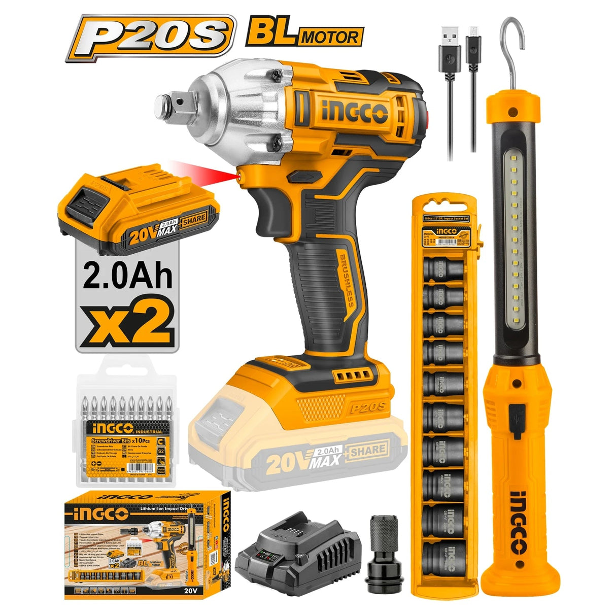 INGCO 20V Cordless Lithium - ion Impact Wrench Combo Kit(Impact Wrench, Work Lamp, Impact Socket set) - COSLI23011 - Al Kabayel Discount CentreINGCO 20V Cordless Lithium - ion Impact Wrench Combo Kit(Impact Wrench, Work Lamp, Impact Socket set) - COSLI23011Power ToolsINGCOAl Kabayel Discount Centre