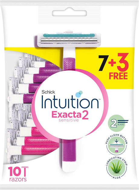 Intuition Exacta2 Sensitive Disposable Razor for Women, 7+3 Pack,Suitable for Sensitive Skin, Ultra thin 2 Blades, Lubricating Strip with Organic Aloe + Vitamin E, Push Clean Button - Al Kabayel Discount CentreIntuition Exacta2 Sensitive Disposable Razor for Women, 7+3 Pack,Suitable for Sensitive Skin, Ultra thin 2 Blades, Lubricating Strip with Organic Aloe + Vitamin E, Push Clean ButtonPersonal Care & Styling ToolsINTUITIONAl Kabayel Discount Centre