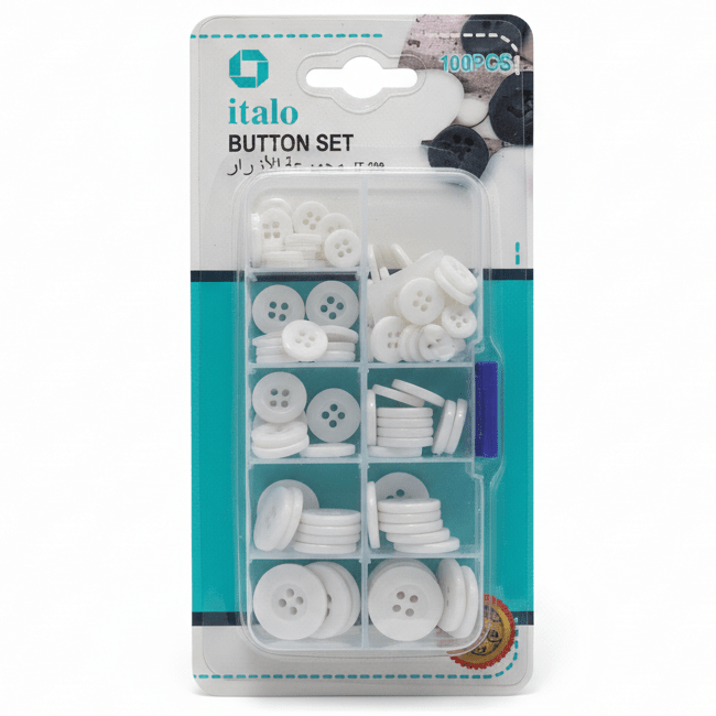 Italo Button Set – 100 Pcs Assorted White Buttons (1, 1.2, 1.5, 1.8, 2 cm) - Al Kabayel Discount CentreItalo Button Set – 100 Pcs Assorted White Buttons (1, 1.2, 1.5, 1.8, 2 cm)ITALOCraft SuppliesAl Kabayel Discount Centre