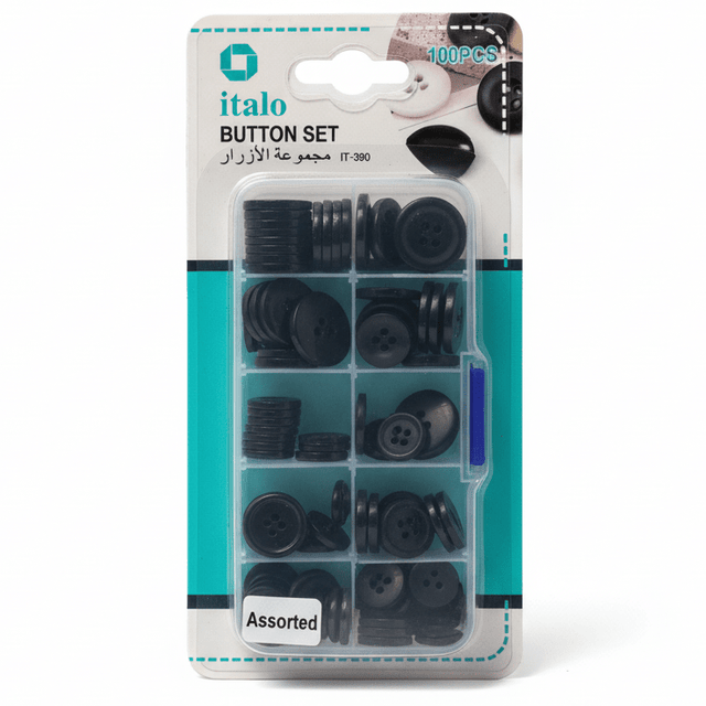 Italo Button Set 100Pcs – Black Buttons (1, 1.2, 1.5, 1.8, 2 cm) | IT - 390 - Al Kabayel Discount CentreItalo Button Set 100Pcs – Black Buttons (1, 1.2, 1.5, 1.8, 2 cm) | IT - 390ITALOCraft SuppliesAl Kabayel Discount Centre