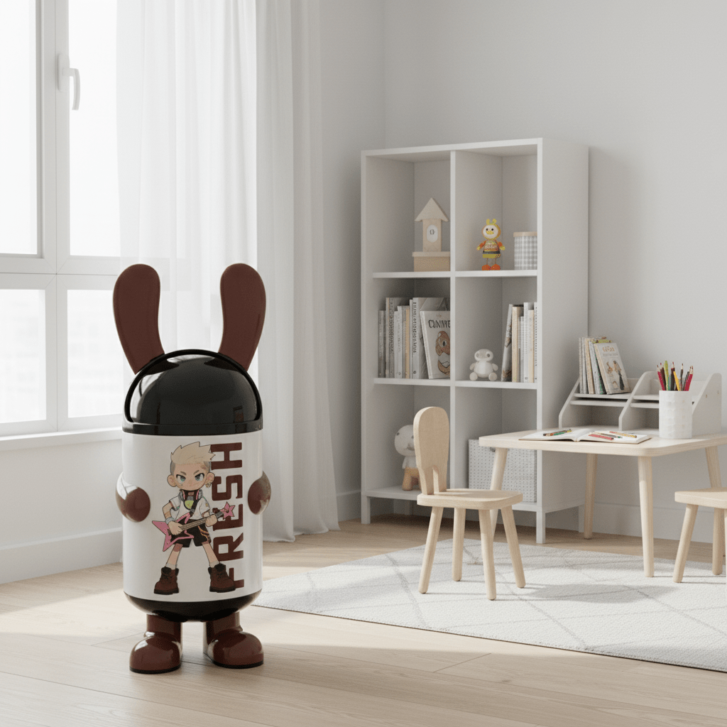 Italo Cartoon Character Plastic Trash Can with Black Lid – White & Brown, 70cm - Al Kabayel Discount CentreItalo Cartoon Character Plastic Trash Can with Black Lid – White & Brown, 70cmOrganizers & AccessoriesITALOAl Kabayel Discount Centre