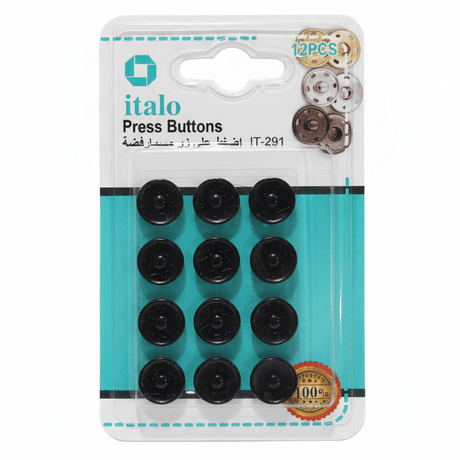 Italo Metal Press Stud Buttons – Black | 12 Pcs (IT - 291) - Al Kabayel Discount CentreItalo Metal Press Stud Buttons – Black | 12 Pcs (IT - 291)ITALOCraft SuppliesAl Kabayel Discount Centre