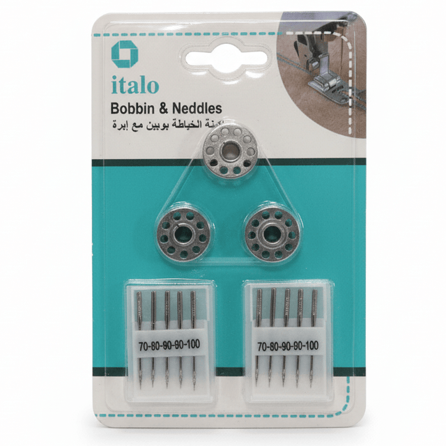 Italo Sewing Machine Bobbin & Needle Set – 3 Bobbins + 10 Needles (Sizes 70–100) - Al Kabayel Discount CentreItalo Sewing Machine Bobbin & Needle Set – 3 Bobbins + 10 Needles (Sizes 70–100)ITALOCraft SuppliesAl Kabayel Discount Centre