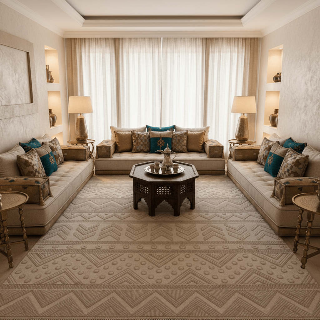 Jasmin Polypropylene Beige Carpet | Geometric Chevron & Dot Pattern | 250×350 cm | Made in Turkey | Stain-Resistant | Indoor Area Rug - Al Kabayel Discount CentreJasmin Polypropylene Beige Carpet | Geometric Chevron & Dot Pattern | 250×350 cm | Made in Turkey | Stain-Resistant | Indoor Area RugDoormatsJASMINAl Kabayel Discount Centre