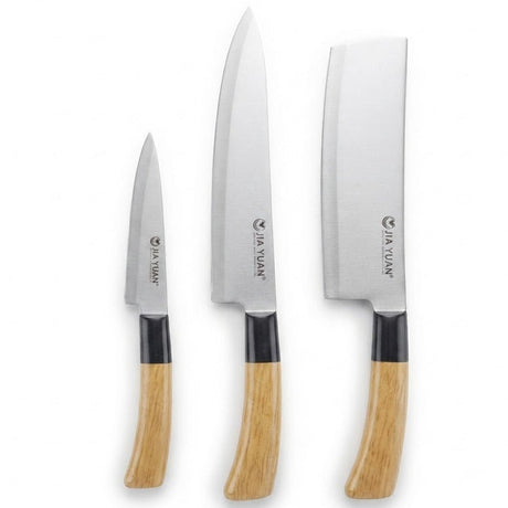 Jia Yuan 3-Piece Stainless Steel Kitchen Knife Set – Cleaver, Chef & Fruit Knife with Wooden Handles - Al Kabayel Discount CentreJia Yuan 3-Piece Stainless Steel Kitchen Knife Set – Cleaver, Chef & Fruit Knife with Wooden HandlesKnife & Knife SetsJIA YUANAl Kabayel Discount Centre