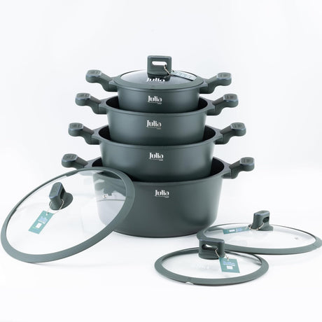 Julia Cookware Set 8-Piece – Green Finish - Non-Stick Durable Casserole Pots with Glass Lids for Everyday Cooking - Al Kabayel Discount CentreJulia Cookware Set 8-Piece – Green Finish - Non-Stick Durable Casserole Pots with Glass Lids for Everyday CookingCookware SetJULIAAl Kabayel Discount Centre
