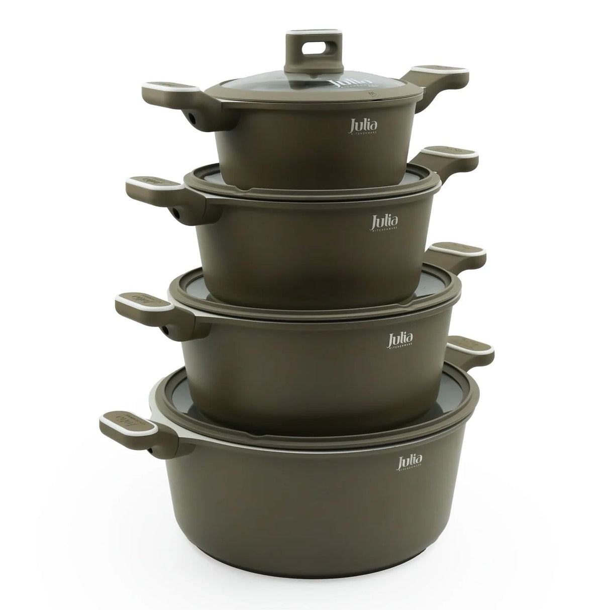 Julia Cookware Set 8-Piece – Matte Brown Finish - Non-Stick Durable Casserole Pots with Glass Lids for Everyday Cooking - Al Kabayel Discount CentreJulia Cookware Set 8-Piece – Matte Brown Finish - Non-Stick Durable Casserole Pots with Glass Lids for Everyday CookingCookware SetJULIAAl Kabayel Discount Centre