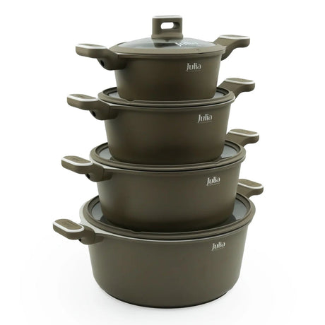 Julia Cookware Set 8-Piece – Matte Brown Finish - Non-Stick Durable Casserole Pots with Glass Lids for Everyday Cooking - Al Kabayel Discount CentreJulia Cookware Set 8-Piece – Matte Brown Finish - Non-Stick Durable Casserole Pots with Glass Lids for Everyday CookingCookware SetJULIAAl Kabayel Discount Centre
