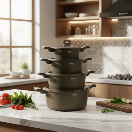 Julia Cookware Set 8-Piece – Matte Brown Finish - Non-Stick Durable Casserole Pots with Glass Lids for Everyday Cooking - Al Kabayel Discount CentreJulia Cookware Set 8-Piece – Matte Brown Finish - Non-Stick Durable Casserole Pots with Glass Lids for Everyday CookingCookware SetJULIAAl Kabayel Discount Centre