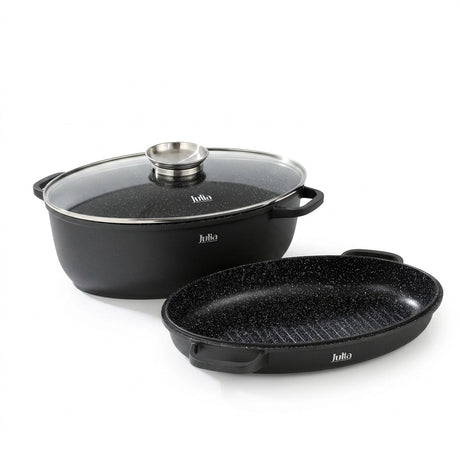Julia Elite Pro Plus Oval Roaster and Grill with Lid 39cm - 3-Piece Black Non-Stick - Al Kabayel Discount CentreJulia Elite Pro Plus Oval Roaster and Grill with Lid 39cm - 3-Piece Black Non-StickRoasting PansJULIAAl Kabayel Discount Centre