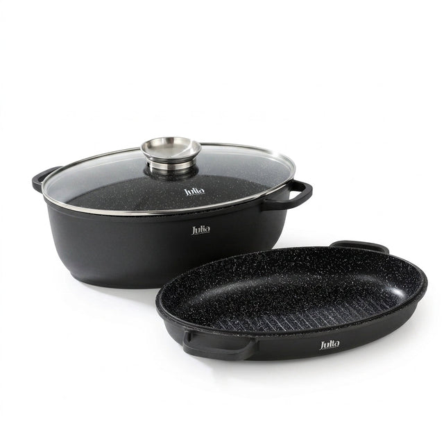 Julia Elite Pro Plus Oval Roaster and Grill with Lid 39cm - 3-Piece Black Non-Stick - Al Kabayel Discount CentreJulia Elite Pro Plus Oval Roaster and Grill with Lid 39cm - 3-Piece Black Non-StickRoasting PansJULIAAl Kabayel Discount Centre