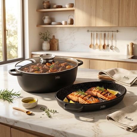 Julia Elite Pro Plus Oval Roaster and Grill with Lid 39cm - 3-Piece Black Non-Stick - Al Kabayel Discount CentreJulia Elite Pro Plus Oval Roaster and Grill with Lid 39cm - 3-Piece Black Non-StickRoasting PansJULIAAl Kabayel Discount Centre