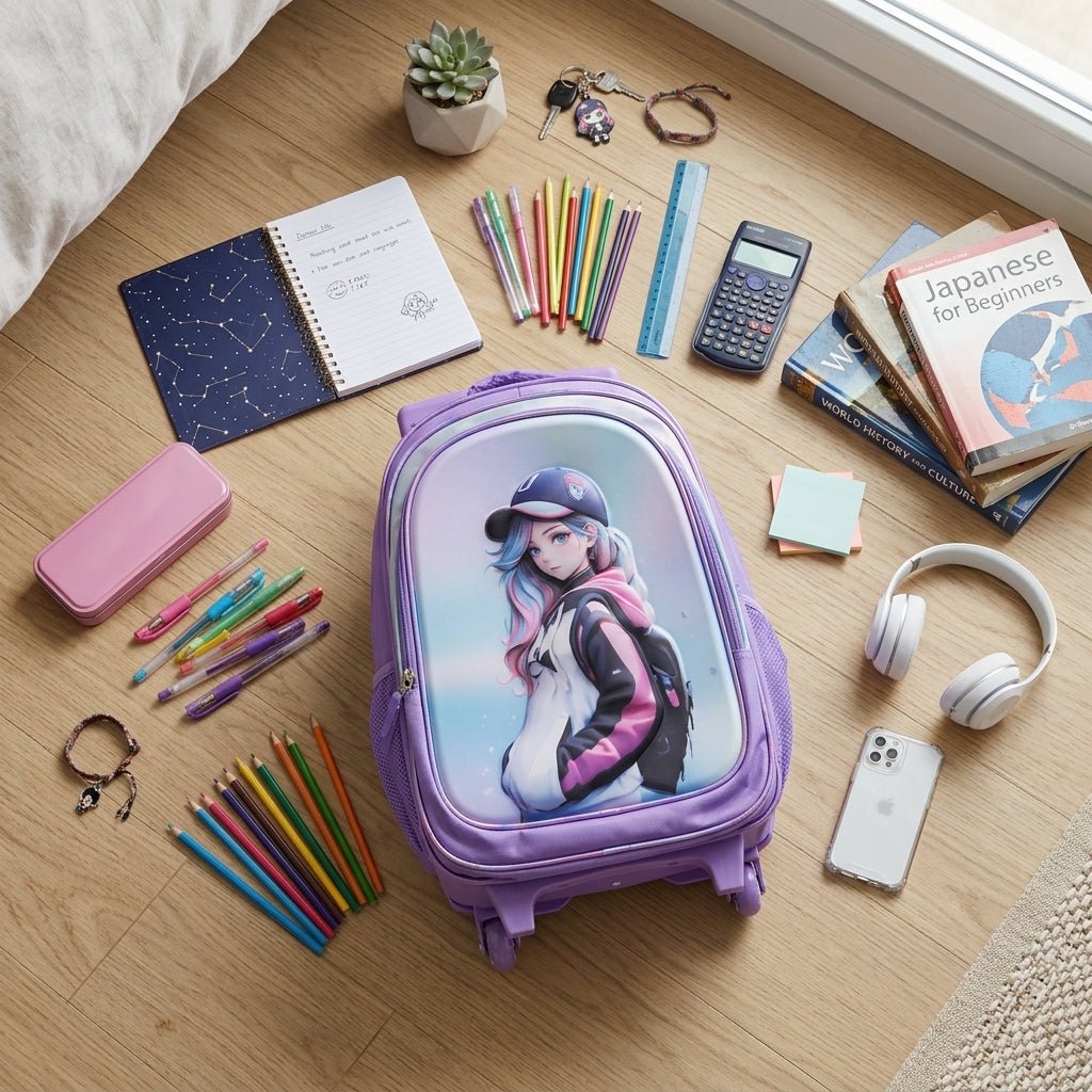 Kanari 16inch 3-Piece Anime Trolley School Bag Set – Purple (Trolley Bag + Lunch Bag + Pencil Pouch) - Al Kabayel Discount CentreKanari 16inch 3-Piece Anime Trolley School Bag Set – Purple (Trolley Bag + Lunch Bag + Pencil Pouch)School BagsKANARIAl Kabayel Discount Centre