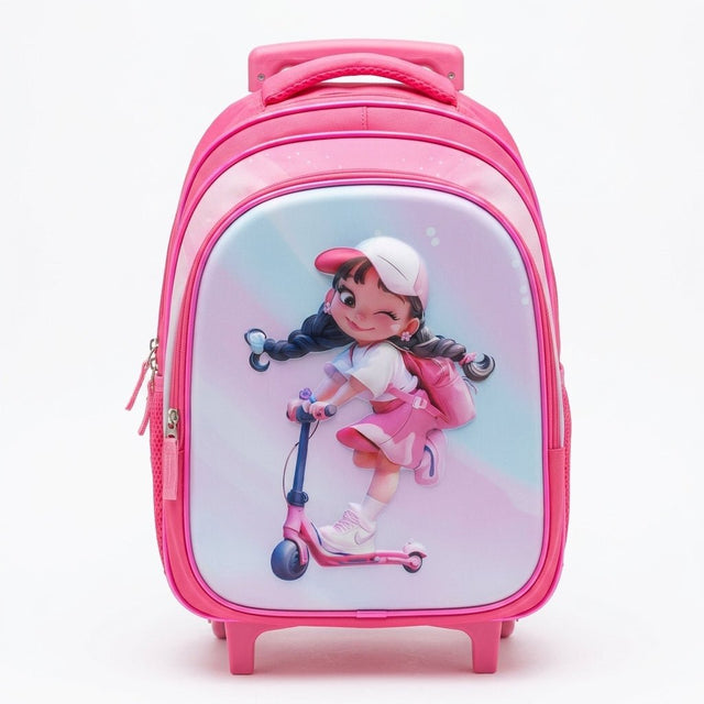 Kanari 3-Piece Trolley School Bag Set 16 Inch – Scooter Girl Print – Pink (Trolley Bag + Lunch Bag + Pencil Pouch) - Al Kabayel Discount CentreKanari 3-Piece Trolley School Bag Set 16 Inch – Scooter Girl Print – Pink (Trolley Bag + Lunch Bag + Pencil Pouch)School BagsKANARIAl Kabayel Discount Centre