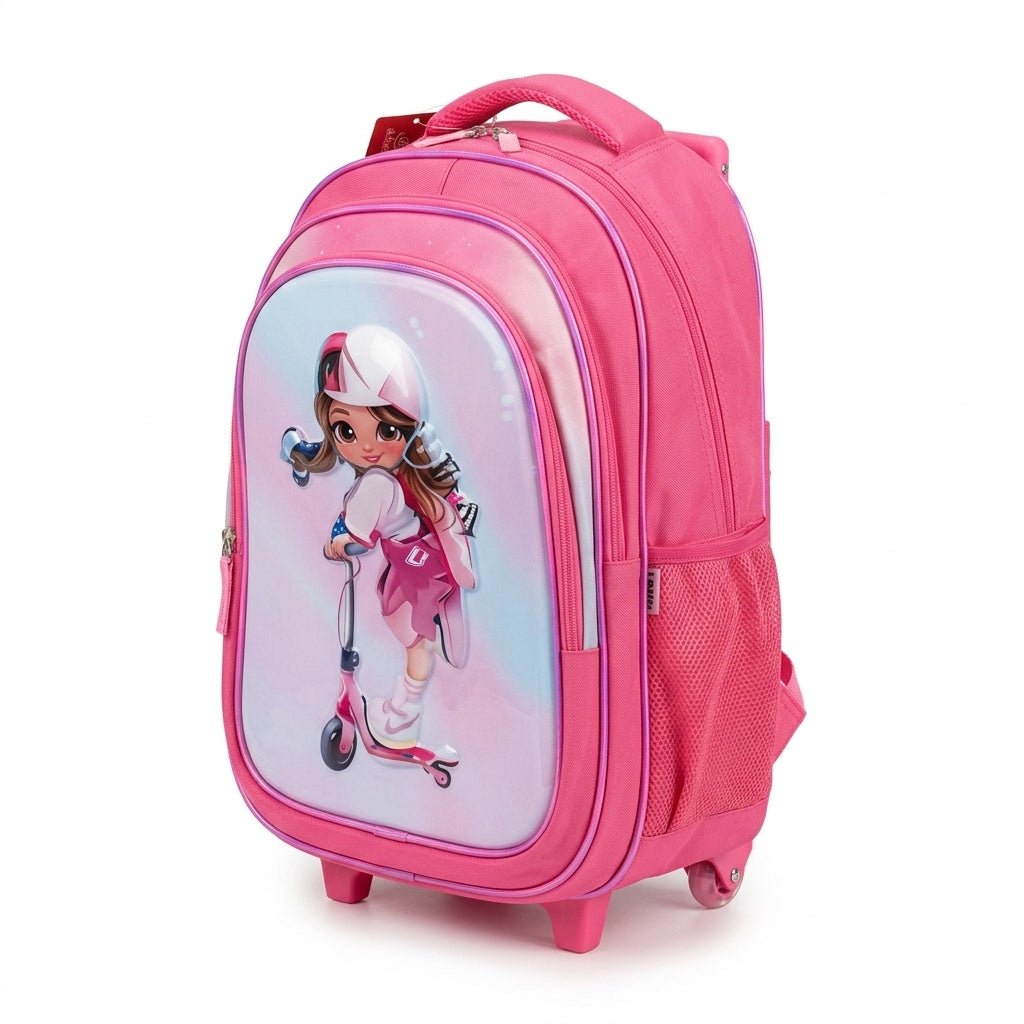 Kanari 3-Piece Trolley School Bag Set 16 Inch – Scooter Girl Print – Pink (Trolley Bag + Lunch Bag + Pencil Pouch) - Al Kabayel Discount CentreKanari 3-Piece Trolley School Bag Set 16 Inch – Scooter Girl Print – Pink (Trolley Bag + Lunch Bag + Pencil Pouch)School BagsKANARIAl Kabayel Discount Centre