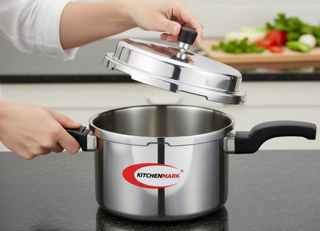 Kitchen Mark Aluminium Pressure Cooker 5 Litre (5L) – Heavy Duty Outer Lid with Gas & Induction Base – Virgin Aluminum Body, Ergonomic Safety Handles & Metallic Safety Plug - Al Kabayel Discount CentreKitchen Mark Aluminium Pressure Cooker 5 Litre (5L) – Heavy Duty Outer Lid with Gas & Induction Base – Virgin Aluminum Body, Ergonomic Safety Handles & Metallic Safety PlugPressure CookersKITCHENMARKAl Kabayel Discount Centre