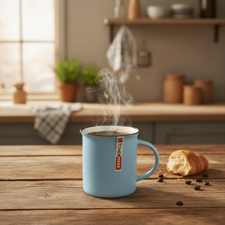 Kitchen Mark Classic Enamel Mug – Sky Blue with Brown Rim | 325ml - Al Kabayel Discount CentreKitchen Mark Classic Enamel Mug – Sky Blue with Brown Rim | 325mlMugsKITCHEN MARKAl Kabayel Discount Centre