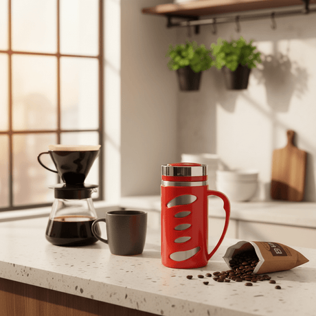 Kitchen Mark Red Insulated Slender Mug – 300ml | Stainless Steel & Plastic Travel Cup with Lid - Al Kabayel Discount CentreKitchen Mark Red Insulated Slender Mug – 300ml | Stainless Steel & Plastic Travel Cup with LidMugsKITCHEN MARKAl Kabayel Discount Centre