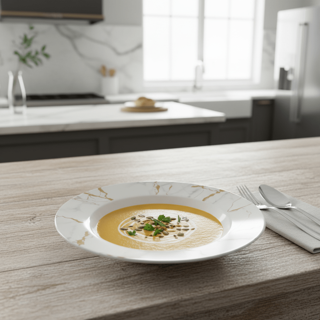 Kitchen Mark Round White Melamine Soup Plate with Golden Shade Design, Multipurpose Dining Plate – 9 Inch - Al Kabayel Discount CentreKitchen Mark Round White Melamine Soup Plate with Golden Shade Design, Multipurpose Dining Plate – 9 InchPlatesKITCHEN MARKAl Kabayel Discount Centre