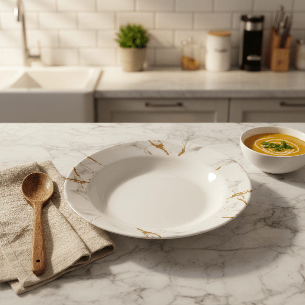 Kitchen Mark Round White Melamine Soup Plate with Golden Shade Design, Strong & Break - Resistant Serving Plate – 11 Inch - Al Kabayel Discount CentreKitchen Mark Round White Melamine Soup Plate with Golden Shade Design, Strong & Break - Resistant Serving Plate – 11 InchPlatesKITCHEN MARKAl Kabayel Discount Centre