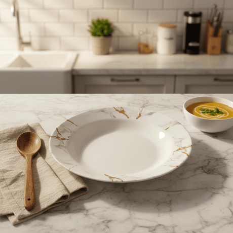 Kitchen Mark Round White Melamine Soup Plate with Golden Shade Design, Strong & Break - Resistant Serving Plate – 11 Inch - Al Kabayel Discount CentreKitchen Mark Round White Melamine Soup Plate with Golden Shade Design, Strong & Break - Resistant Serving Plate – 11 InchPlatesKITCHEN MARKAl Kabayel Discount Centre