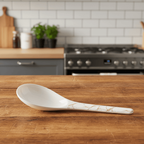 Kitchen Mark White Melamine Serving Spoon with Golden Shade Design, Heavy - Duty Kitchen Serving Utensil – 24 cm - Al Kabayel Discount CentreKitchen Mark White Melamine Serving Spoon with Golden Shade Design, Heavy - Duty Kitchen Serving Utensil – 24 cmSpatulas And SpoonsKITCHEN MARKAl Kabayel Discount Centre