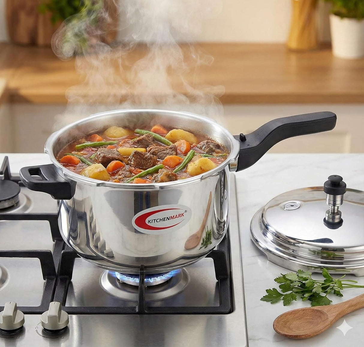 Kitchenmark 5L 304 Stainless Steel Pressure Cooker – Triply Bottom Induction Base - Al Kabayel Discount CentreKitchenmark 5L 304 Stainless Steel Pressure Cooker – Triply Bottom Induction BasePressure CookersKITCHENMARKAl Kabayel Discount Centre