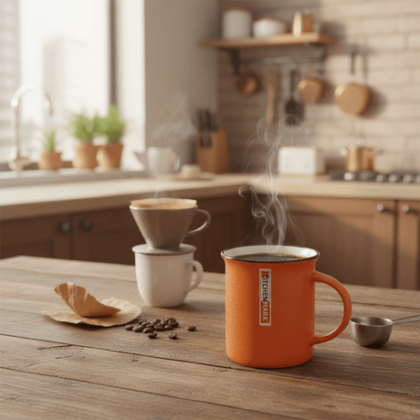 KitchenMark Classic Enamel Mug – Orange | 325ml | Brown Rim | Vintage - Style Drinkware - Al Kabayel Discount CentreKitchenMark Classic Enamel Mug – Orange | 325ml | Brown Rim | Vintage - Style DrinkwareMugsKITCHEN MARKAl Kabayel Discount Centre