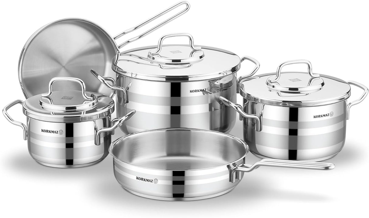 KORKMAZ Astron Cookware Set 9pcs(Casserole - 18L, 3.3L, 5.75L / Frypan - 2.7L, 3.35L), Stainless Steel - Al Kabayel Discount CentreKORKMAZ Astron Cookware Set 9pcs(Casserole - 18L, 3.3L, 5.75L / Frypan - 2.7L, 3.35L), Stainless SteelCookware SetKORKMAZAl Kabayel Discount Centre