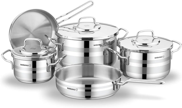 KORKMAZ Astron Cookware Set 9pcs(Casserole - 18L, 3.3L, 5.75L / Frypan - 2.7L, 3.35L), Stainless Steel - Al Kabayel Discount CentreKORKMAZ Astron Cookware Set 9pcs(Casserole - 18L, 3.3L, 5.75L / Frypan - 2.7L, 3.35L), Stainless SteelCookware SetKORKMAZAl Kabayel Discount Centre