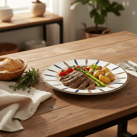 Landreen White with Navy Blue and Brown Leaf Print Melamine Meat Plate 8.5 Inch Serving Plate for Meat and Sides - Al Kabayel Discount CentreLandreen White with Navy Blue and Brown Leaf Print Melamine Meat Plate 8.5 Inch Serving Plate for Meat and SidesPlatesLANDREENAl Kabayel Discount Centre