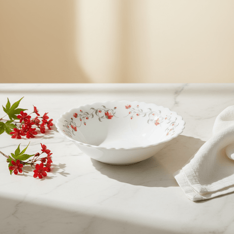 Larah Fluted White Opalware Multipurpose Bowl with Red Floral Design – 6.5 Inch - Al Kabayel Discount CentreLarah Fluted White Opalware Multipurpose Bowl with Red Floral Design – 6.5 InchBowlsLARAHAl Kabayel Discount Centre