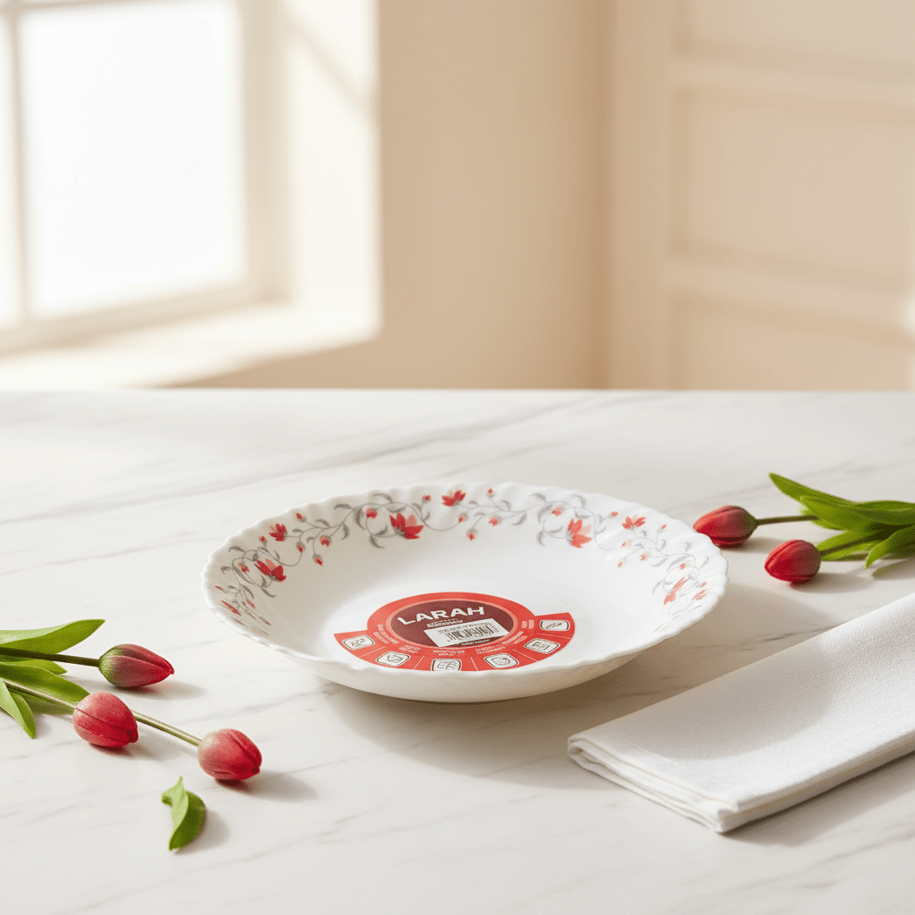 Larah Fluted White Opalware Soup Plate with Red Floral Design – 9 Inch - Al Kabayel Discount CentreLarah Fluted White Opalware Soup Plate with Red Floral Design – 9 InchPlatesLARAHAl Kabayel Discount Centre