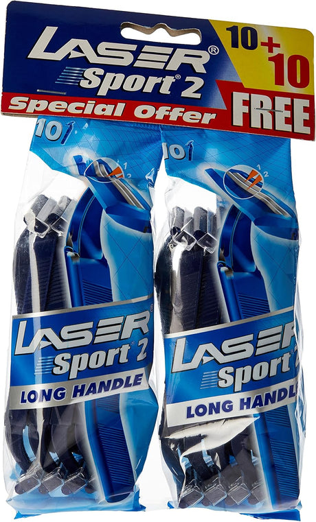 Laser Sport 2 Long Handle Twin Blade Disposable Shaving Razor - Anti Slip Elastomer handle - Strip with aloe & vitamin E - Ultra Smooth Shave - Reduce Irritation - Better Precision - Close Shave - 20 Pieces - Al Kabayel Discount CentreLaser Sport 2 Long Handle Twin Blade Disposable Shaving Razor - Anti Slip Elastomer handle - Strip with aloe & vitamin E - Ultra Smooth Shave - Reduce Irritation - Better Precision - Close Shave - 20 PiecesPersonal Care & Styling ToolsLASERAl Kabayel Discount Centr