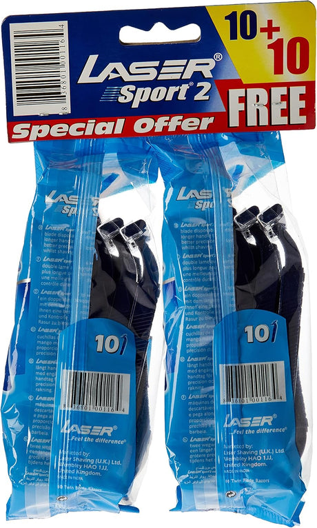 Laser Sport 2 Long Handle Twin Blade Disposable Shaving Razor - Anti Slip Elastomer handle - Strip with aloe & vitamin E - Ultra Smooth Shave - Reduce Irritation - Better Precision - Close Shave - 20 Pieces - Al Kabayel Discount CentreLaser Sport 2 Long Handle Twin Blade Disposable Shaving Razor - Anti Slip Elastomer handle - Strip with aloe & vitamin E - Ultra Smooth Shave - Reduce Irritation - Better Precision - Close Shave - 20 PiecesPersonal Care & Styling ToolsLASERAl Kabayel Discount Centr