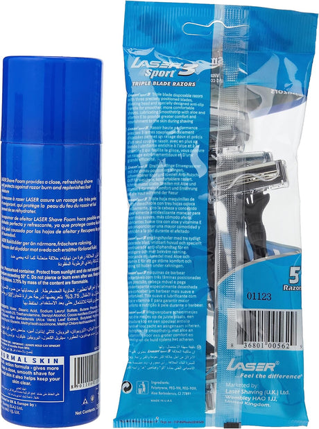 Laser Sport 3 Three Blade Disposable Shaving Razor - Rubber Grip Handle - Flexi Neck - Strip with aloe & vitamin E - Ultra Smooth Shave 5 Pieces + Laser Sport Shaving Foam - 200ML - Al Kabayel Discount CentreLaser Sport 3 Three Blade Disposable Shaving Razor - Rubber Grip Handle - Flexi Neck - Strip with aloe & vitamin E - Ultra Smooth Shave 5 Pieces + Laser Sport Shaving Foam - 200MLPersonal Care & Styling ToolsLASERAl Kabayel Discount Centre